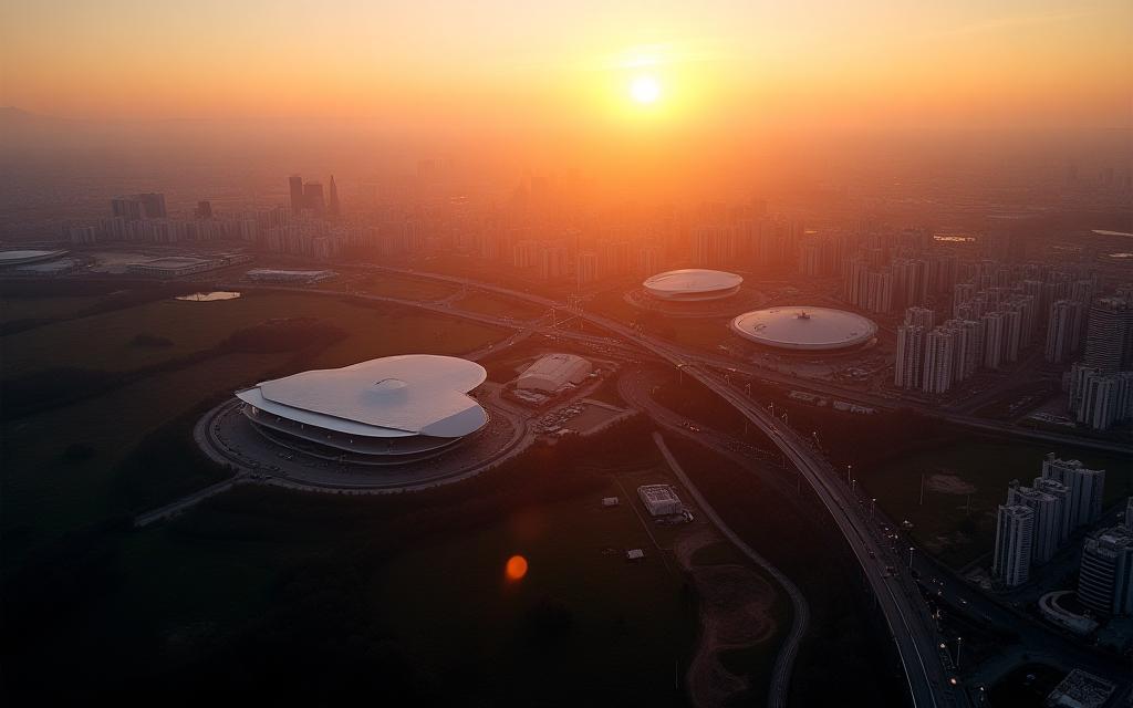 Aerial view of Suita and Expo grounds at sunset