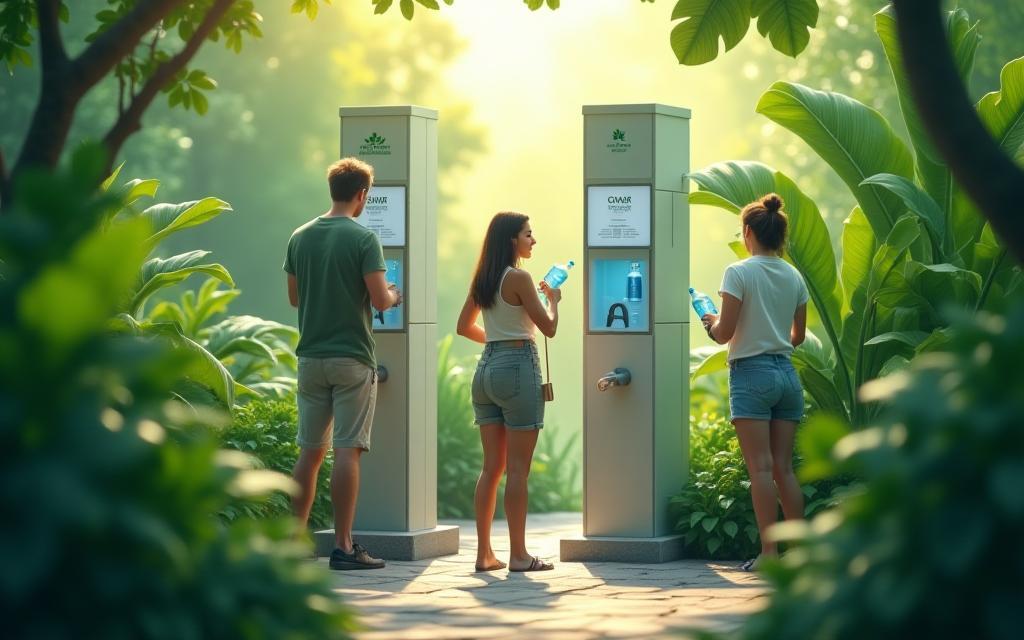 Visitors refilling bottles at water station surrounded by greenery
